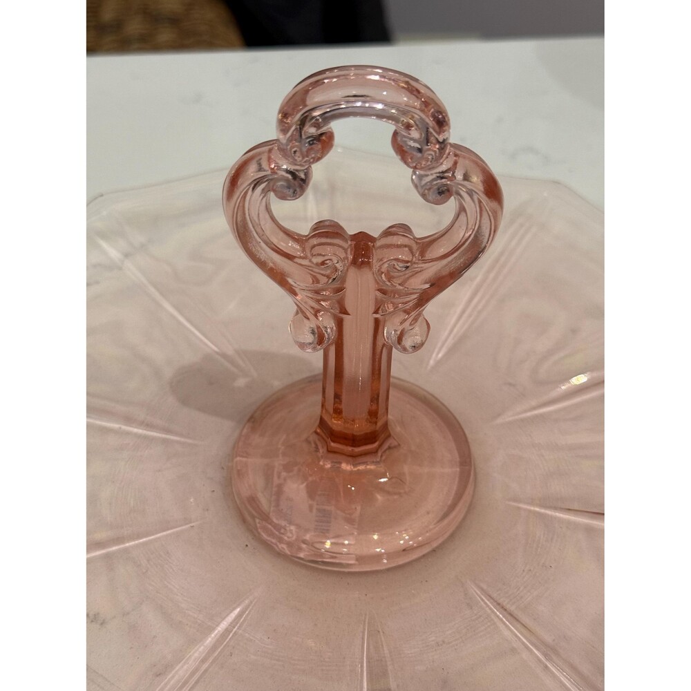 Vintage 1930s Cambridge Glass Pink Depression Glass Decagon Keyhole Handle Tray - Picture 2 of 5